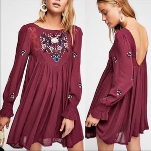 Free People Mohave Embroidered Burgundy/Wine Dress